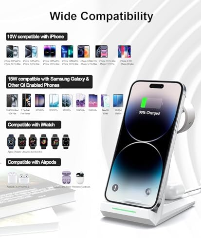 Ultimate 3-in-1 Wireless Charging Station for Apple Devices – Fast Charging Dock for i Phone 16/15/14/13/12/11 Pro Max Plus with Apple Watch Series 8/7/SE/6/5/4/3/2 and Air Pods Pro/3/2 – Includes 5 ft Cable & Adapter for Optimal Performance and Enhanced Compatibility – Sleek Design for Home, Office, and Travel – Elevate Your Charging Experience with Clutter-Free Convenience and Rapid Power Solutions