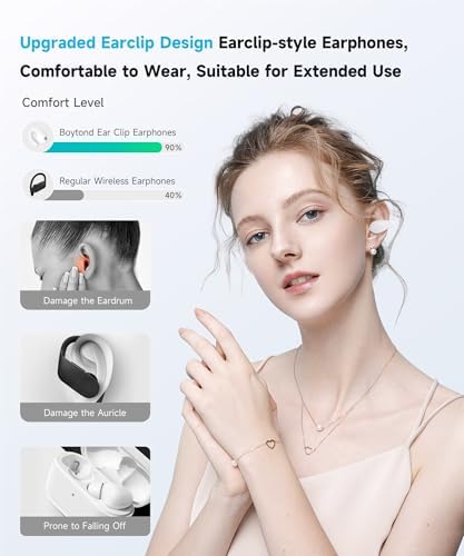 Innovative Open-Ear Bluetooth Earbuds with Bone Conduction Technology – Ergonomically Designed Clip-On Wireless Headphones for Small Ears, Waterproof and Lightweight in Chic Velvet White, Ideal for Active Lifestyles and Seamless Device Connectivity