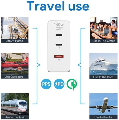 140 W Ga N USB-C Power Adapter with Foldable Plug – 3-Port Fast Charger for Samsung Galaxy Book4 Ultra & Pro – Includes 6 ft USB-C Cable – Compact Power Delivery 3.1 Technology for Laptops, Tablets & Phones – Universal Compatibility with Mac Book, Lenovo & More – Lightweight Design for Home & Travel – Optimized for Multi-Device Fast Charging – 5-Year Warranty Included – Ideal for Tech Enthusiasts and Professionals Seeking Efficient Charging Solutions