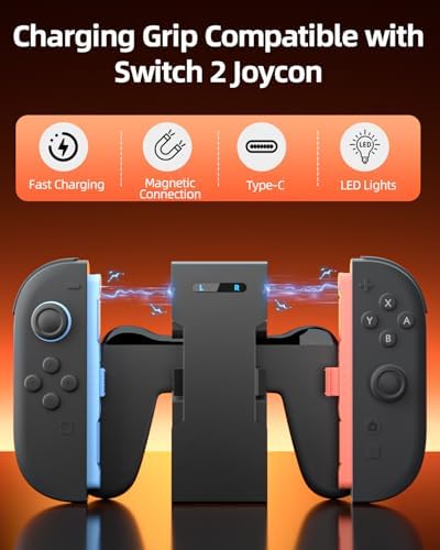 Ergonomic Charging Grip for Switch 2 Joycon – Lightweight Controller Holder with Magnetic Fast Charging, LED Status Lights, and USB Cable – Ultimate Comfort and Play While Charging Accessory