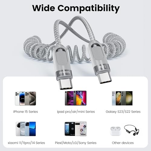 Coiled USB A to USB C 2Pack 3FT Braided Retractable Fast Charging Cable for Car, Compatible with iPhone 16/15 Pro Max/Galaxy S24/S23/S22, Supports Car Play & Android Auto-Black – Enhanced Compatibility and Speed