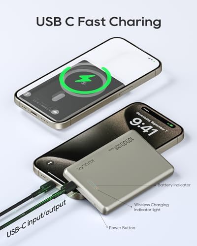 Ultra-Slim Kuulaa Mag Safe Wireless Power Bank 5000 m Ah – 20 W Fast Charging Portable Charger with Magnetic Wallet & Stand for i Phone 15/14/13/12 Pro Max – High-Performance USB-C Battery Pack for On-the-Go Convenience