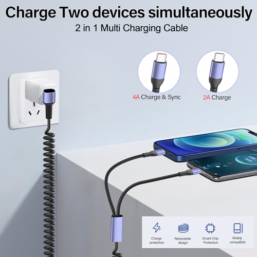 90-Degree USB Type C Coiled Multi-Charging Cable – 5.9 ft Fast Charging Y Splitter for Laptops, Tablets, Power Banks & Smartphones – Enhanced Durability & Versatile Compatibility