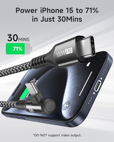 Ultimate 10 FT Right Angle USB-C to USB-C Cable (2-Pack) – 100 W Power Delivery for Fast Charging i Phone 16, Mac Book & Galaxy – Durable Tangle-Free Nylon Braided Design for Tight Spaces – Enhanced Flexibility for All Your Devices