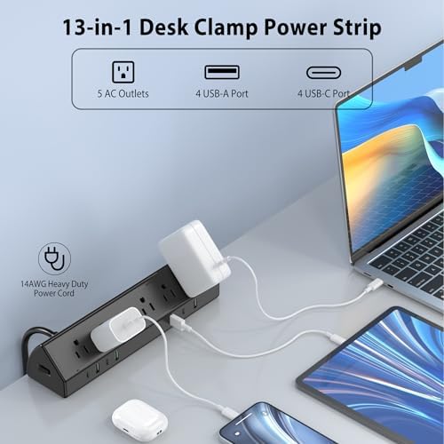 Maximize Efficiency with the 45 W Desk Clamp Charging Station – 4 PD USB-C Ports & 5 AC Outlets, ETL Listed Surge Protector for Ultimate Device Protection, 14 AWG Heavy-Duty Cord, Secure Fit for 1.9″ Tabletops (Black, 6 FT Cable) – Your All-in-One Power Solution for Home and Office