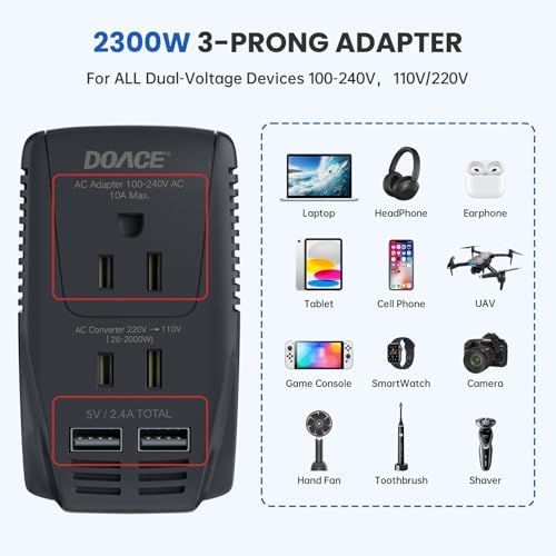 Ultimate 2000 W European Travel Power Converter – Versatile Universal Adapter for Hair Tools and Electronics with Global Compatibility (EU, UK, AU, US) – Rapid Turbo Charging for Laptops, Smartphones, and Cameras – Advanced Safety Features to Prevent Overheating & Short Circuits – Lightweight & Compact Design for Effortless Packing and Mobility