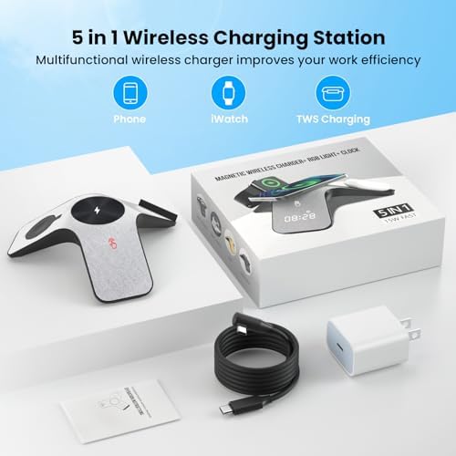 YLF 5-in-1 Fast Wireless Charging Station with Bluetooth Clock – Multi-Device Charger for Samsung Galaxy S23 Ultra/S23/S22/S21 – Sleek LED Display & Enhanced Speed for a Clutter-Free Workspace