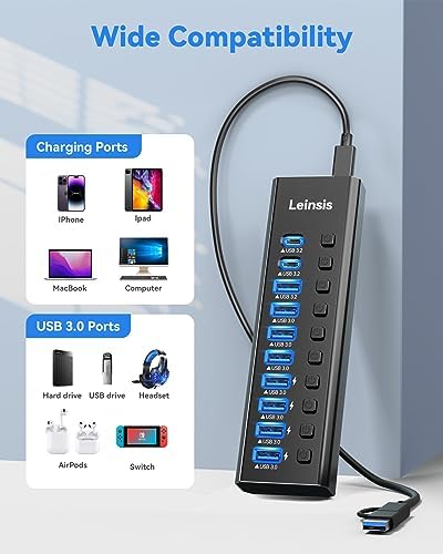 LEINSIS Ultra-Fast 10-Port USB Hub 3.2 – Premium Aluminum Design with 2 USB-C & 7 USB 3.0 Ports for Lightning-Speed Data Transfer – Individual On/Off Switches & 12 V Adapter for Ultimate Device Control and Compatibility