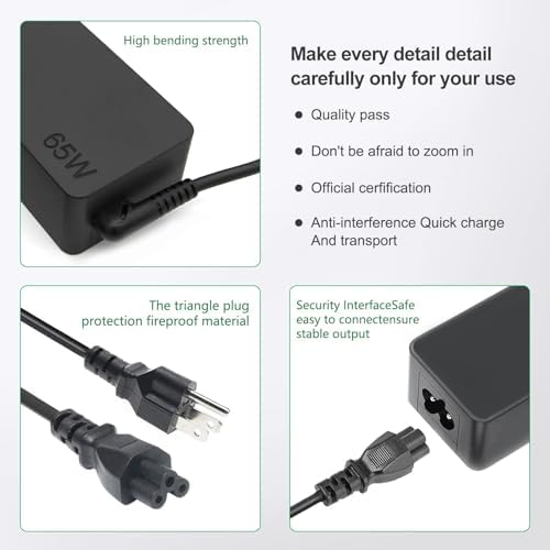 High-Performance 65 W USB-C Power Adapter for Lenovo Think Pad, Yoga, and Chromebook – Fast Charging with Enhanced Safety Features, Universal Compatibility for 45 W Models, and Reliable Dual Voltage Output