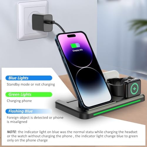 Foldable 3-in-1 Wireless Charging Station for i Phone 16/15/14/13/12/11, Apple Watch, and Air Pods – Fast Charging with Night Light – Versatile and Portable Charging Hub for Apple Devices (Black)
