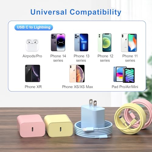 MFi Certified 20 W Fast Charger Bundle for i Phone 14, 13, 12, 11 – 3 Pack USB-C Charger Blocks with 3 FT, 6 FT, & 10 FT Lightning Cables – Ultimate Compatibility & Rapid Charging Solution for i Phone Models Including Pro, Pro Max, Xs, Xr – Portable & Durable Design for Home, Office, & Travel
