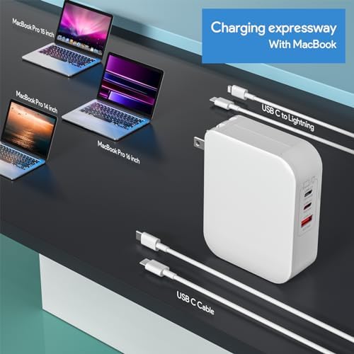 High-Efficiency 160 W USB-C Fast Charger for Mac Book Pro & Air – 3-Port QC+PD Power Adapter with Dual Cables for Ultimate Charging Flexibility – Rapidly Charges Laptops, i Pad Pro & i Phone – Compact Design with Smart Safety Features for Travel & Home Use