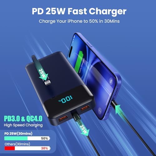 High-Capacity 40800 m Ah Portable Charger with Integrated Cables – Fast PD 25 W USB-C & QC4.0 Power Bank for i Phone 15/16 and Samsung – Smart LED Indicator, 5 Outputs for Multi-Device Charging – Ultimate Travel Companion for On-the-Go Power Solutions