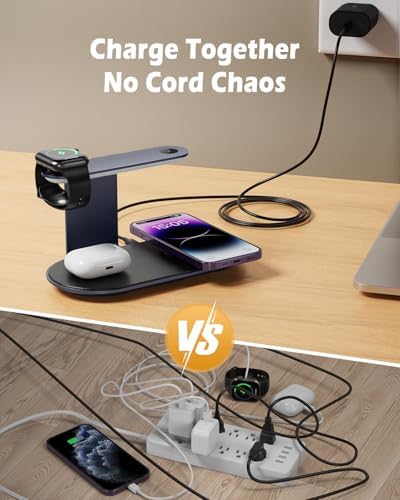 4-in-1 Wireless Charging Station with Adjustable LED Night Light – Fast Charging Dock for i Phone 12-16, Apple Watch Series 1-8/Ultra & Air Pods – Enhanced Safety Features, Seamless Magnetic Alignment, and Premium Metal Design for Home or Office Use