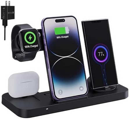 Ultimate 6-in-1 Wireless Charging Dock for i Phone 16/15/14/13, Apple Watch Series, Air Pods Pro – Super-Fast Qi-Certified Charging Station with QC3.0 Adapter for Seamless Device Compatibility and Safety Features – Perfect for Home and Travel Use