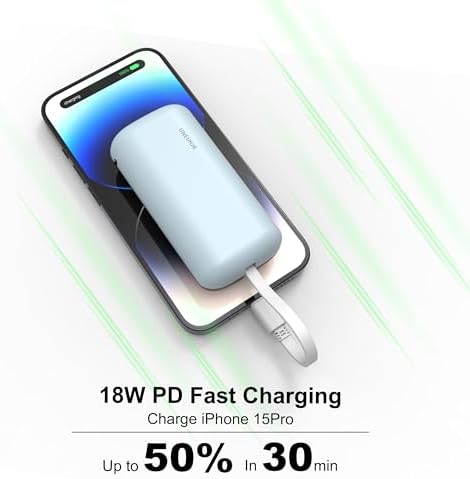 Ultra-Compact 10,000 m Ah Fast Charging Power Bank with Integrated USB-C Cable – Essential Portable Charger for i Phone 15, Samsung Galaxy S23, Note20, and More – LED Display for Easy Battery Monitoring and Enhanced Compatibility