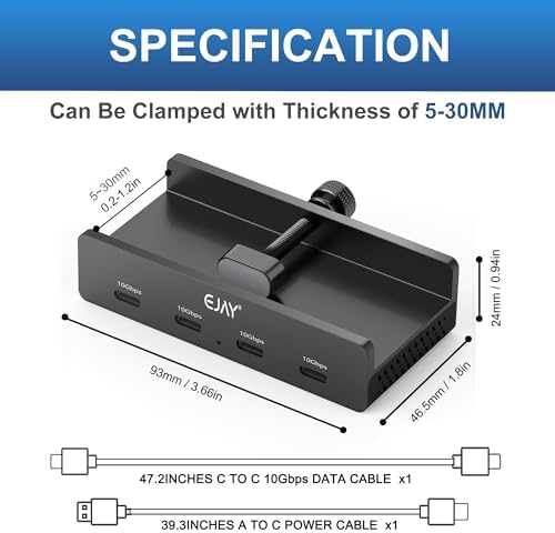 Transform Your Workspace with the EJAY Ultra-Fast 10 Gbps USB C Hub – Premium Aluminum Docking Station Featuring 4 USB 3.2 Ports, Innovative Desk Clamp Design, Additional Power Supply Port, and Extra Long Data/Power Cables for Superior Device Connectivity and Productivity Enhancement