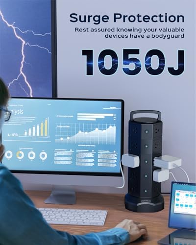 JACKYLED 20-Outlet Power Strip Tower Surge Protector with 6 Fast USB Ports – 1050 Joules Safety Shield, 13 A Desktop Charging Station with 6.5 ft Heavy-Duty Cord, Elegant Black Walnut Design for Home, Office & Garage Use – Ultimate Device Power Solution