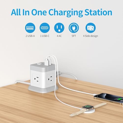 FDTEK Cube Power Strip with 4 Spacious Outlets & 3 USB Ports (1 USB-C) – Compact Green Power Solution for Home, Office, and Travel – Ultimate Surge Protection & Fast Charging Convenience