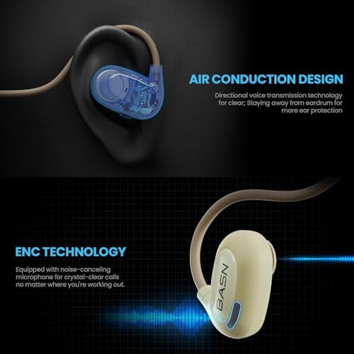 BASN Air S1 Wireless Open Ear Headphones – Advanced Bluetooth 5.3 Technology for Seamless Audio Connectivity – Dynamic 16.2 mm Speakers Delivering Premium Sound Quality – IPX5 Sweat and Water Resistant for Ultimate Durability – Lightweight Ergonomic Design with Enhanced ENC Technology for Crystal Clear Communication – Ideal for Fitness, Running, Cycling, and Outdoor Activities