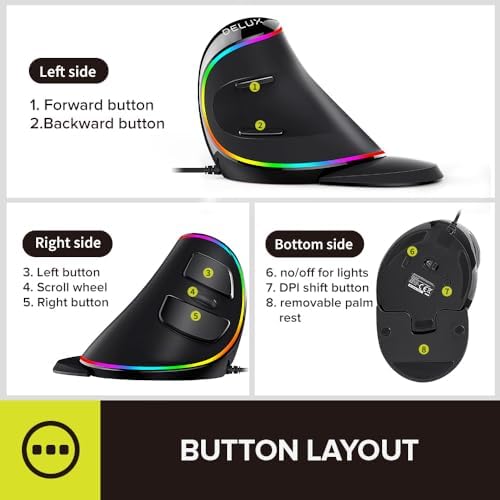 De LUX RGB Wired Ergonomic Vertical Mouse for Large Hands – 4000 DPI Precision Tracking, 6 Customizable Buttons, and Detachable Wrist Rest for Ultimate Comfort and Carpal Tunnel Relief – Perfect for Prolonged Use and Gaming Performance