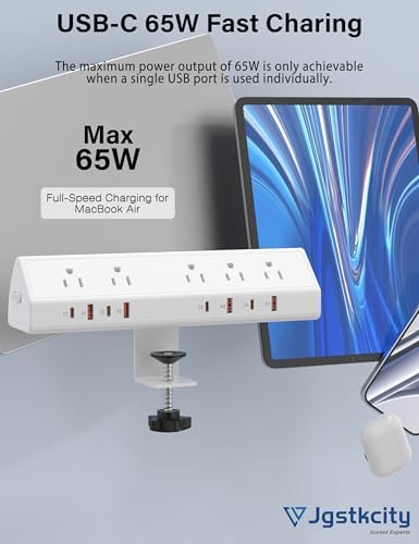 Ultimate Desk Clamp Power Strip with 65 W Fast Charging Hub – 4 PD USB-C Ports & 5 AC Outlets, Space-Saving Nightstand Edge Mount Surge Protector, 15 Amp Heavy-Duty Design for Tablets & Laptops, Fits 1.96″ Tabletop, 6 FT Cable for Extended Reach – Efficient Power Management for Modern Workspaces