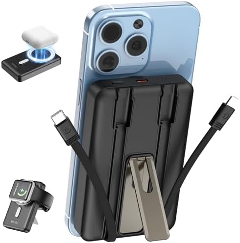 Ultimate 3-in-1 Magnetic Wireless Power Bank: 10,000 m Ah Fast Charging Battery Pack with Built-in USB-C & i OS Cable, Compact Design with Stand – Perfectly Compatible with i Phone 16/15/14/13/12/Pro/Mini/Pro Max for Effortless On-the-Go Charging