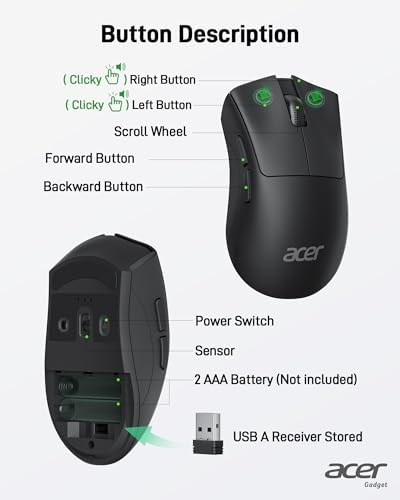 Acer Wireless Mouse – 1200 DPI Ergonomic Computer Mouse with 2.4 GHz USB A Receiver for Seamless Compatibility Across Windows, mac OS, and Android – Lightweight Design & 5 Customizable Buttons for Enhanced Productivity