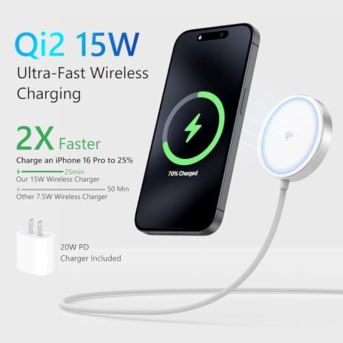Revolutionary Mag Safe Wireless Charger – Qi2 Certified 15 W Fast Charging Pad with 1.5 m Braided Cable for i Phone 16/15/14 & Air Pods – Effortless Magnetic Alignment & PD Charger for Enhanced Convenience – Sleek White Design for Modern Aesthetics