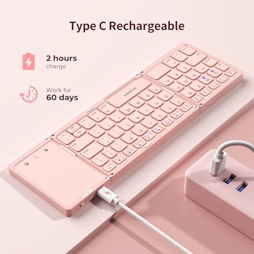 Portable Tri-Fold Bluetooth Keyboard with Touchpad – Rechargeable Multi-Device Wireless Companion for Laptops, i Pads, and Smartphones – Perfect Travel Accessory for Windows, i OS & Android Users – Enhance Your On-the-Go Productivity