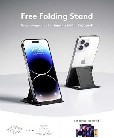 Samsers Portable Foldable Bluetooth Keyboard – Ultra Slim Wireless Keyboard with Stand for i OS, Android & Windows Devices – Rechargeable Multi-Device Travel Keyboard for Effortless Typing on the Go – Sleek Black Design