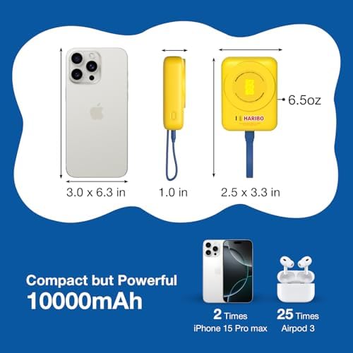 Ultra-Compact 10,000 m Ah Magnetic Power Bank – Haribo Gummy Bear Style Wireless Charger with 22.5 W Fast Charge, Integrated USB-C Cable, Smart Protection, and Universal Compatibility for i Phone 15/16, Samsung Galaxy, Motorola & More – Perfect for On-the-Go Energy Management and Efficient Multi-Device Charging