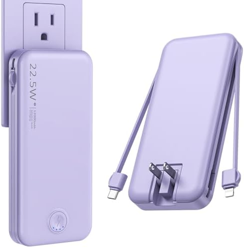 Ultra-Fast Charging Portable Power Bank with Built-In Cable and AC Plug – 12,000 m Ah USB C Travel Charger for i Phone and Android Devices – Lightweight, Compact Design for On-the-Go Power Solutions