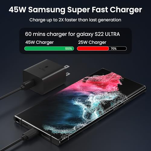 45 W Super Fast Type C Charger with 5 FT Durable Cable – Dual USB-C Power Adapter for Samsung Galaxy S24/S23/S22 Ultra/Note 10 Plus & Galaxy Tab S8 – Efficient, Travel-Ready Charging for On-the-Go Lifestyles
