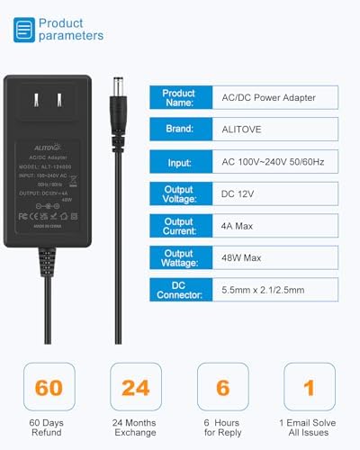 Universal 12 V AC/DC Power Adapter – 4 A High-Efficiency Converter with 14 Interchangeable Tips for LED Strip Lighting, CCTV Cameras, Monitors & Routers – Global Voltage Compatibility (100-240 V) for Optimal Performance and Versatile Power Solutions