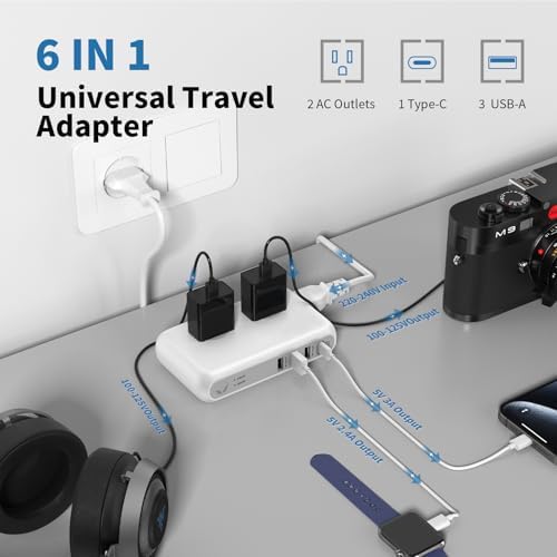 Universal Travel Voltage Converter & 4-Port USB-C Adapter – 220 V to 110 V Step-Down Power Solution for Global Use – 230 W Capacity with Interchangeable Plugs for EU, UK, AU, US & India – Essential for International Travelers and Expatriates
