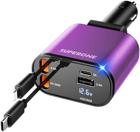 Introducing the SUPERONE 4-in-1 Retractable Fast Car Charger: Ultimate On-the-Go Charging Solution for i Phone, Galaxy & Pixel Devices – Featuring 2.6 ft Tangle-Free Cord, Enhanced USB C & Apple Compatibility, and Sleek Design for Effortless Portability. Experience lightning-fast charging to keep your devices powered during road trips or daily commutes, ensuring you’re always connected. This innovative retractable charger is engineered for maximum efficiency, accommodating a wide range of smartphones including i Phone 16, 15/15 Pro Max, 14, 13, 12, 11 and popular Galaxy and Pixel models. With its compact construction and high-quality materials, this charger not only enhances your charging experience but also withstands everyday wear and tear. Elevate your mobile charging with the SUPERONE car charger – where convenience meets cutting-edge technology for busy professionals and families on the move.