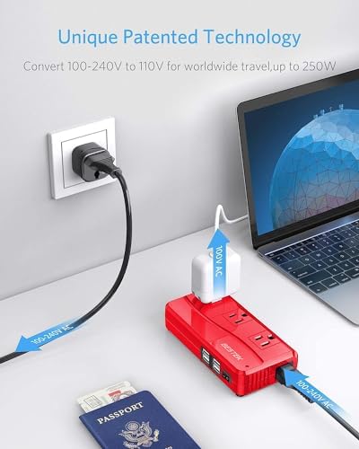 Versatile 250 W International Travel Power Adapter – Efficient 220 V to 110 V Voltage Converter with 4 Fast-Charging USB Ports and Global Plug Compatibility for US, AU, EU, UK, India & South Africa – Essential Power Solution for World Travelers and Business Professionals