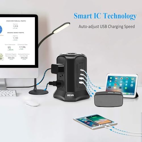 BEVA Tower Surge Protector Power Strip: 9 AC Outlets & 4 Fast-Charging USB Ports for Ultimate Device Connectivity, 6.5 FT 18 AWG Extension Cord with 3-Prong Flat Plug – Ideal Desk Charging Station for Office, Dorm & Home Use, Ensuring Safety & Efficiency