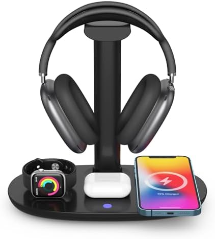 Revolutionary 4-in-1 Wireless Charging Station with Headphone Holder – Fast 15 W Charger for i Phone 16/15/14/13/12, Apple Watch, Air Pods Max/Pro/Pro 2, and LG/Samsung Devices – Organized Convenience for Home and Office.