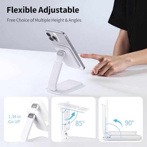i WALK Adjustable Magnetic Phone Stand for Desk – Versatile Height and Angle Customization, Foldable Design for i Phone 16, 15, 14, 13, 12 Pro Max & Samsung Galaxy – Ergonomic Viewing Comfort, Sleek Black Finish for Modern Workspaces