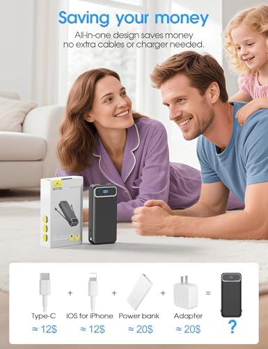 Ultra-Compact 12000 m Ah Power Bank with Built-in Charging Cables & AC Plug – 20 W PD Fast Charging for i Phone, Samsung, Android, USB-C Devices – Travel-Friendly External Battery Pack in Purple – Unmatched Portability and Efficiency for On-the-Go Charging Solutions