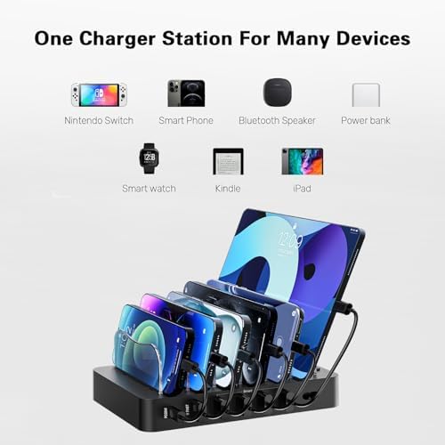 68 W Multi-Device Charging Station: 6-Port USB Dock with 20 W Fast Charging for i Phone, i Pad, and More – Sleek White Design with Included Cables for Ultimate Convenience and Efficiency