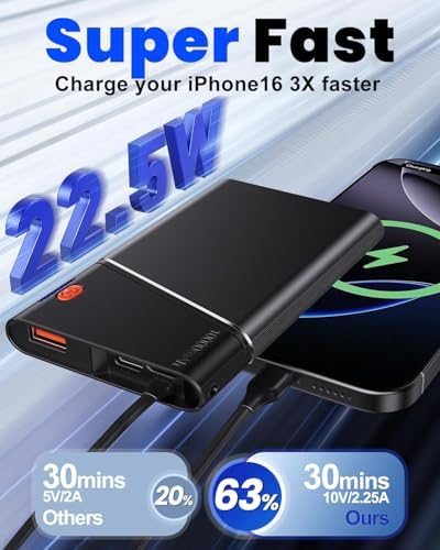 Ultra-Slim 10000 m Ah Power Bank with 22.5 W PD Fast Charging – Built-in USB-C Cable for i Phone 16/15/14, Samsung S24 & More – Lightweight Travel Essential with 15-Layer Safety Protection & Multiple Device Charging Capability