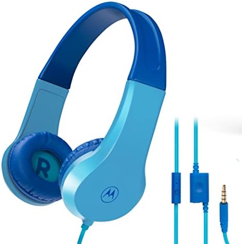 Motorola Moto JR200 Kids Over-Ear Headphones – Safe 85 d B Volume-Limited Design with Built-in Microphone & Audio Splitter – Comfortable, Durable Headphones for School, Home, and Travel in Vibrant Blue for Young Listeners