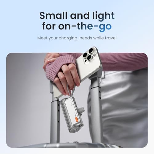 Ultra-Compact 5000 m Ah Flow Mini Power Bank – Versatile Portable Charger with Changeable Plugs, Built-in Cable & Dual USB-C Outputs for Seamless Compatibility with i Phone 16/15/14/13, i Pad, Galaxy S24/23 Ultra – Ideal for On-the-Go Charging