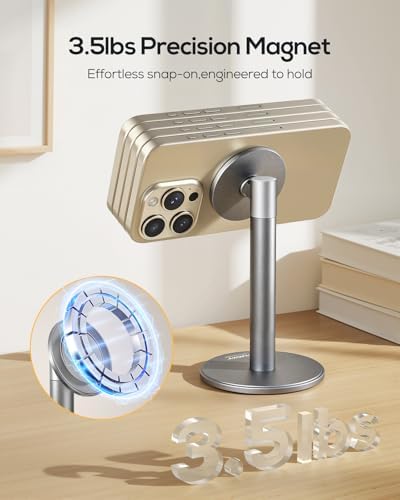 Nulaxy Premium Magnetic Aluminum Phone Stand with Dual Metal Rings – 360-Degree Rotating Adjustable Holder for Desk and Office – Universal Compatibility with Mag Safe Cases – Sleek Gray Design for Enhanced Productivity and Convenience