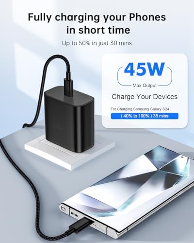 Dual-Pack 45 W USB C Fast Charger for Samsung Devices – Lightning-Fast Charging with 6 FT Type C Cables for Galaxy S25 Ultra/S24/S23/Z Fold 5/Z Flip 5 – PPS Technology for Enhanced Power Delivery – Compact, Reliable, and Portable Charging Solution