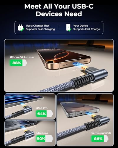 Experience Unmatched Charging Versatility with MRGLAS 4-Pack USB C to USB C Cables – 60 W Fast Charge, Right Angle Design, Perfect for i Phone 16 Pro Max, Samsung S25, and i Pad Pro – Durable Gold-Plated Connectors and Multiple Length Options (10 FT, 6.6 FT, 3.3 FT, 1.6 FT) for Seamless Connectivity and Enhanced Durability – Elevate Your Power Delivery Game with Nylon Braided Cables for Optimal Performance and Reliability