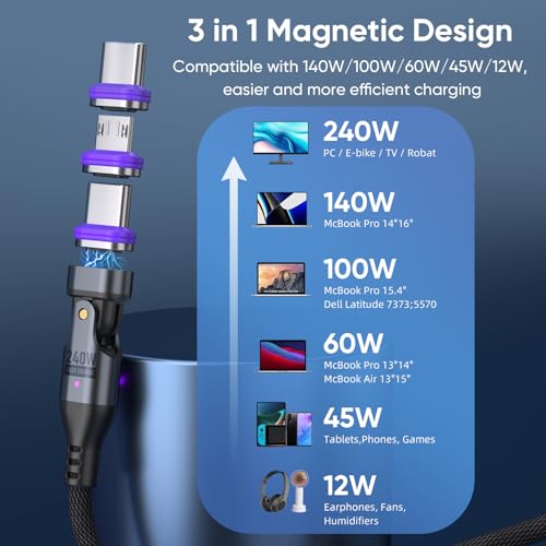 240W Magnetic Charging Cable ，180°Rotating USBC to USB C Magnetic Data Cable ，Micro USB Magnetic Phone Fast Charger Cable Data Transfer for Laptop/Tablet/Smart Phone (6ft) – Enhanced Compatibility and Speed